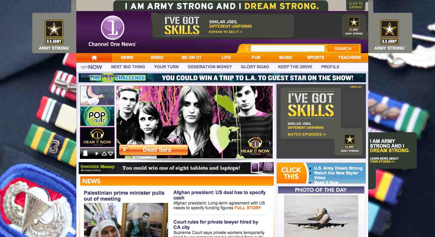 Find the eight Army ads on Channelone.com’s home page.