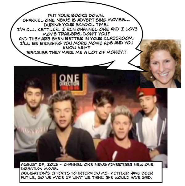 Channel One News advertises One Direction movie in American classrooms.