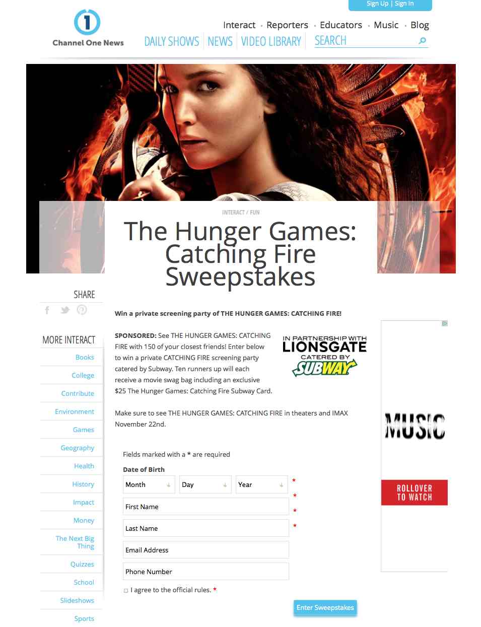 Channel One News uses contest to lure children to new Hunger Games movie.