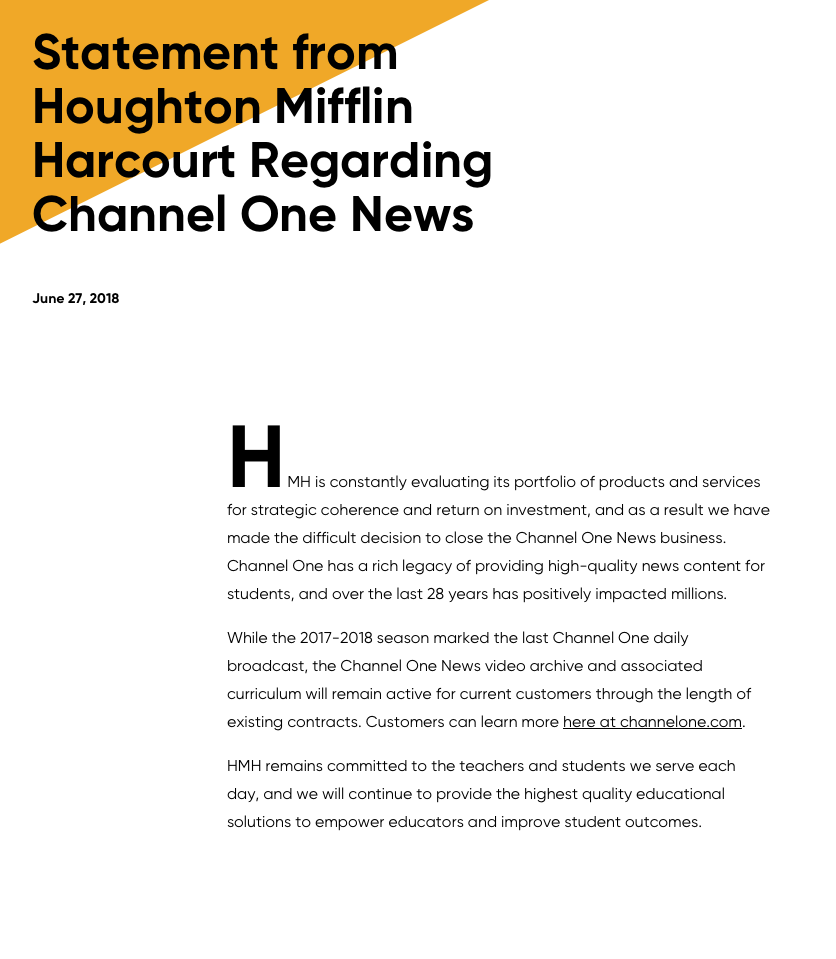 Heartless statement from Houghton Mifflin Harcourt on ending Channel One News.